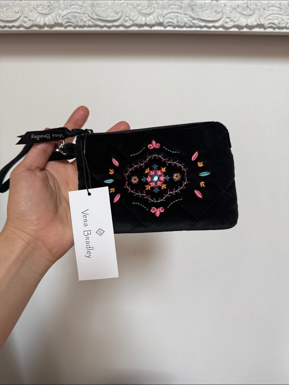 Vera Bradley Black Quilted Wristlet with Multicolor Floral Embroidery